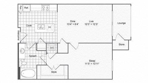 Floor plan for 1 bed, 1 bath, 716 sqft